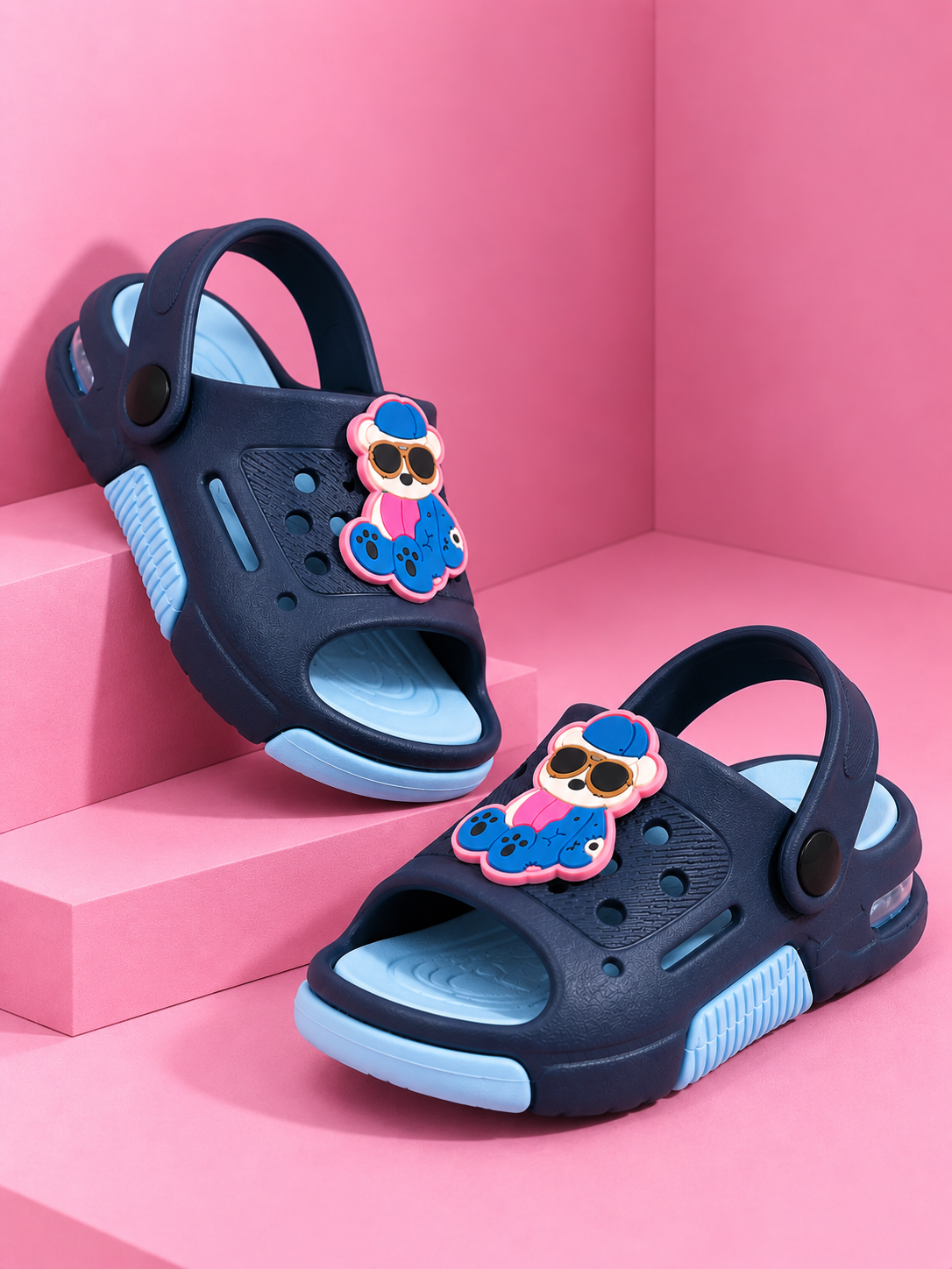Kids Cartoon Comfort Clogs – Navy Blue & Sky Blue