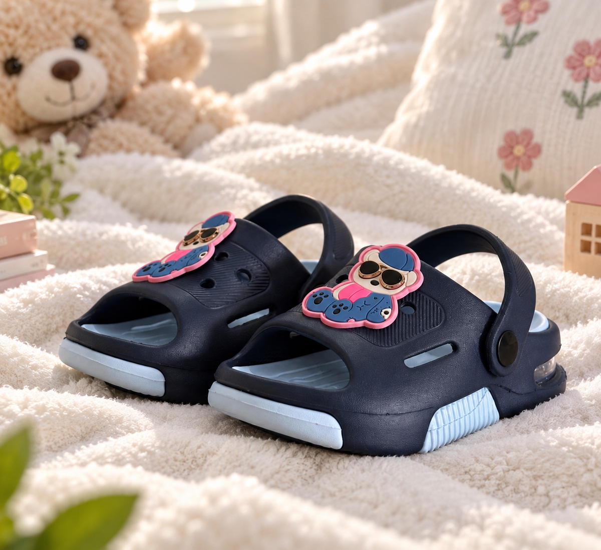 Kids Cartoon Comfort Clogs – Navy Blue & Sky Blue